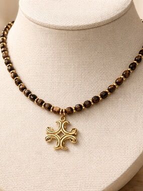Tory Burch Gold Cross Pendant with Brown Beaded Necklace